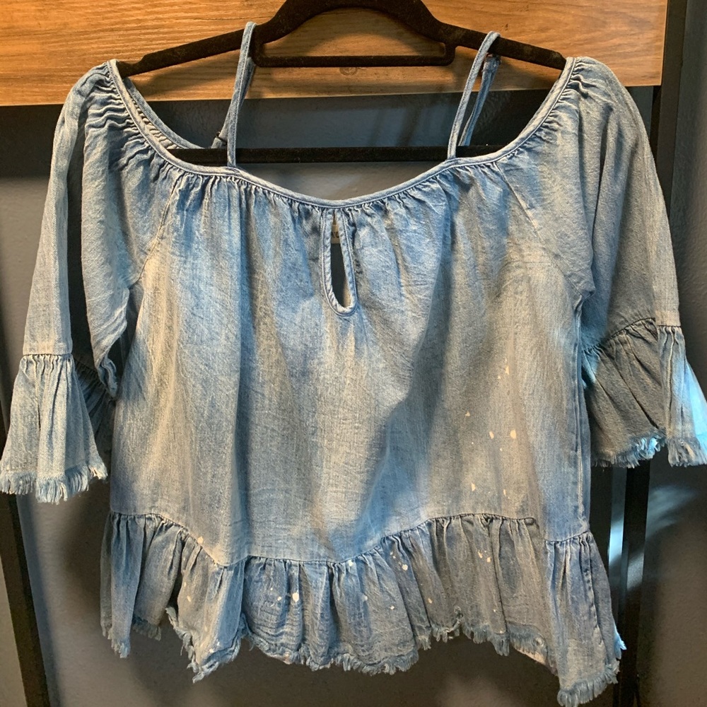NEW Denim Western Women’s open shoulder frayed distressed top